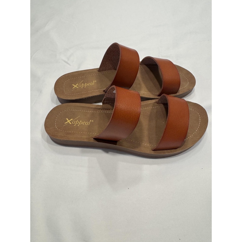 X-Appeal Sandals Womens 7 Brown Faux Leather Double Strap Slide Slip On Flat - Picture 2 of 5